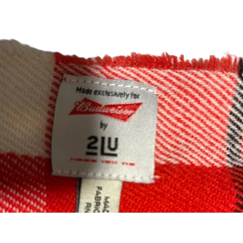 Budweiser Embroidered Logo Red,‎ White and Black Plaid Fringed Scarf. Unisex.